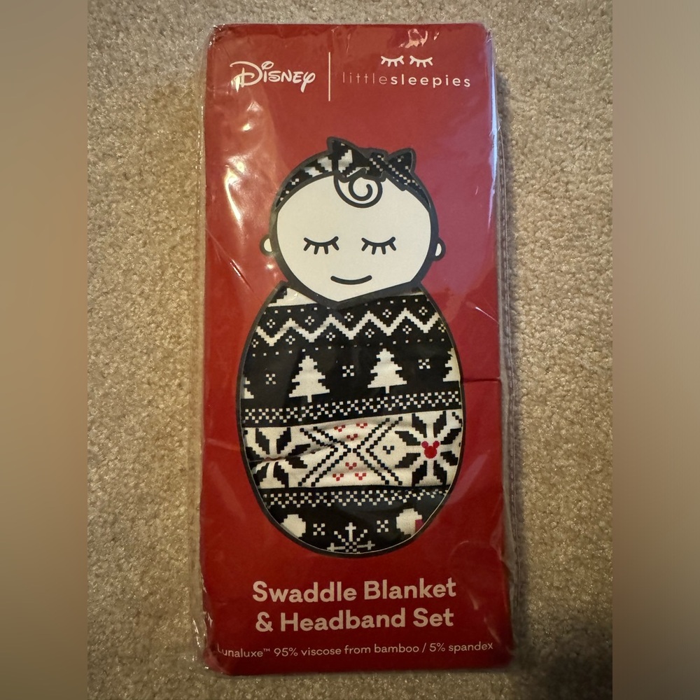 Little Sleepies Disney Mickey Fair Isle Bamboo Swaddle and Lux Bow Headband Set